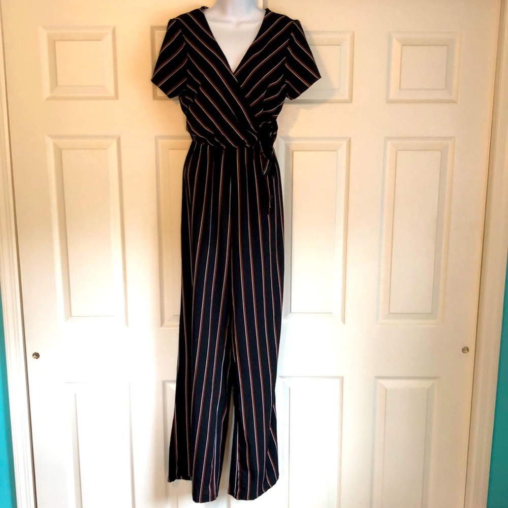“Windsor" black, faux wrap jumpsuit w/elastic waist, white & rust stripes - sz M